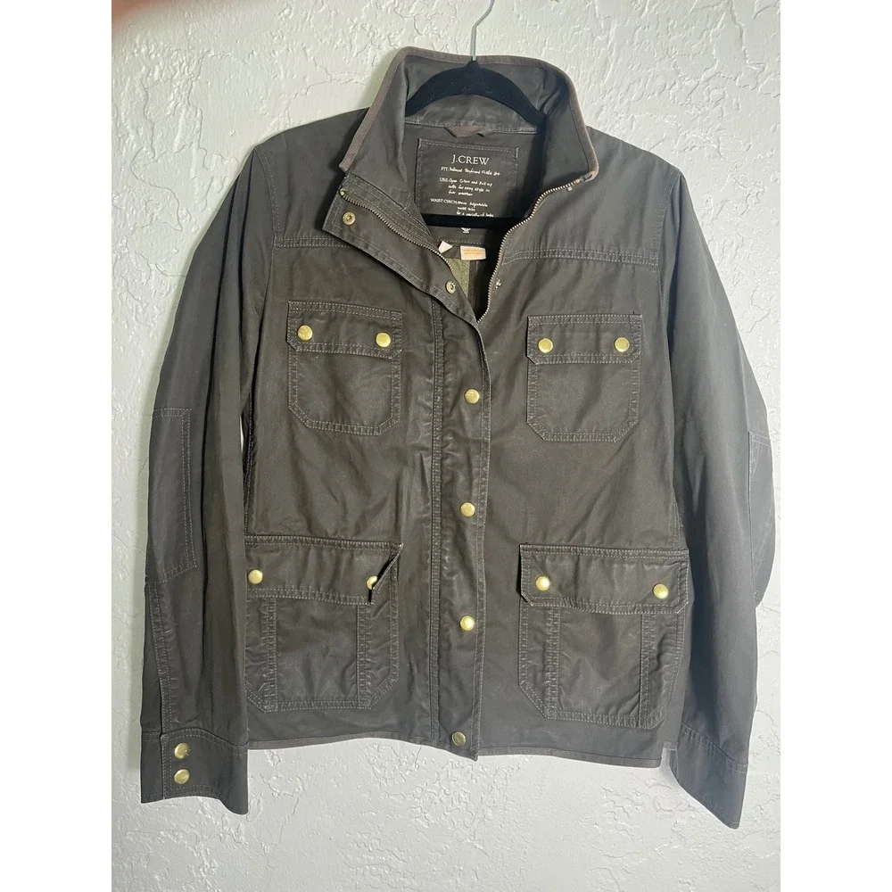 J.Crew Downtown Field Jacket XS Gray Utility Military Waxed Cotton Snap‎ Zip